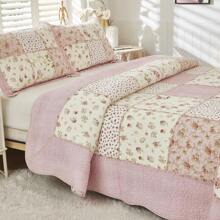 Brandream Pink Rose Floral Patchwork Quilts Cotton Queen Size Quilted Comforter Set Rustic Country Coverlet Bedspread Set 3-Piece - 粉色 - 查看 2