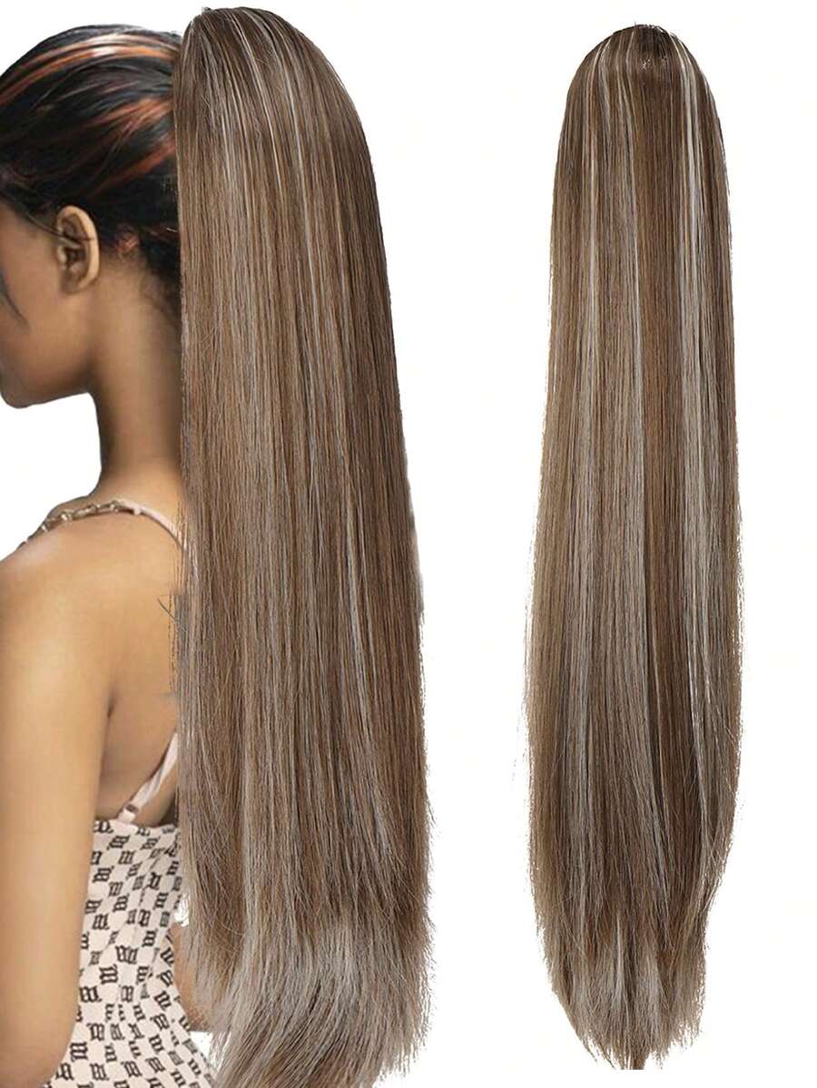 1件棕灰色馬尾假髮搭配高溫絲長直髮抽繩辮子馬尾,適用於日常聚會 - 間色 - 查看 1