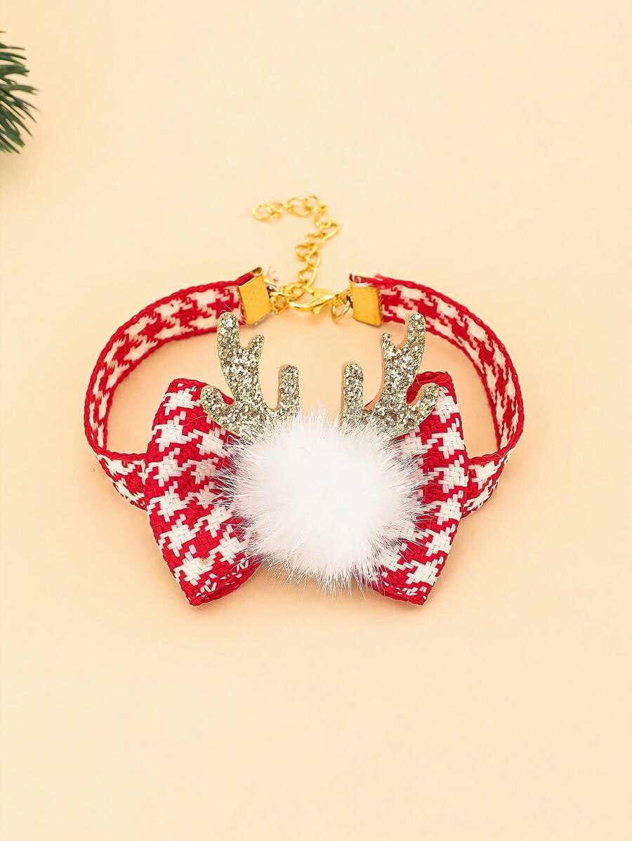 1pc Pet Christmas Decoration Necklace With Mink Fur, Deer Ear For Cat And Dog