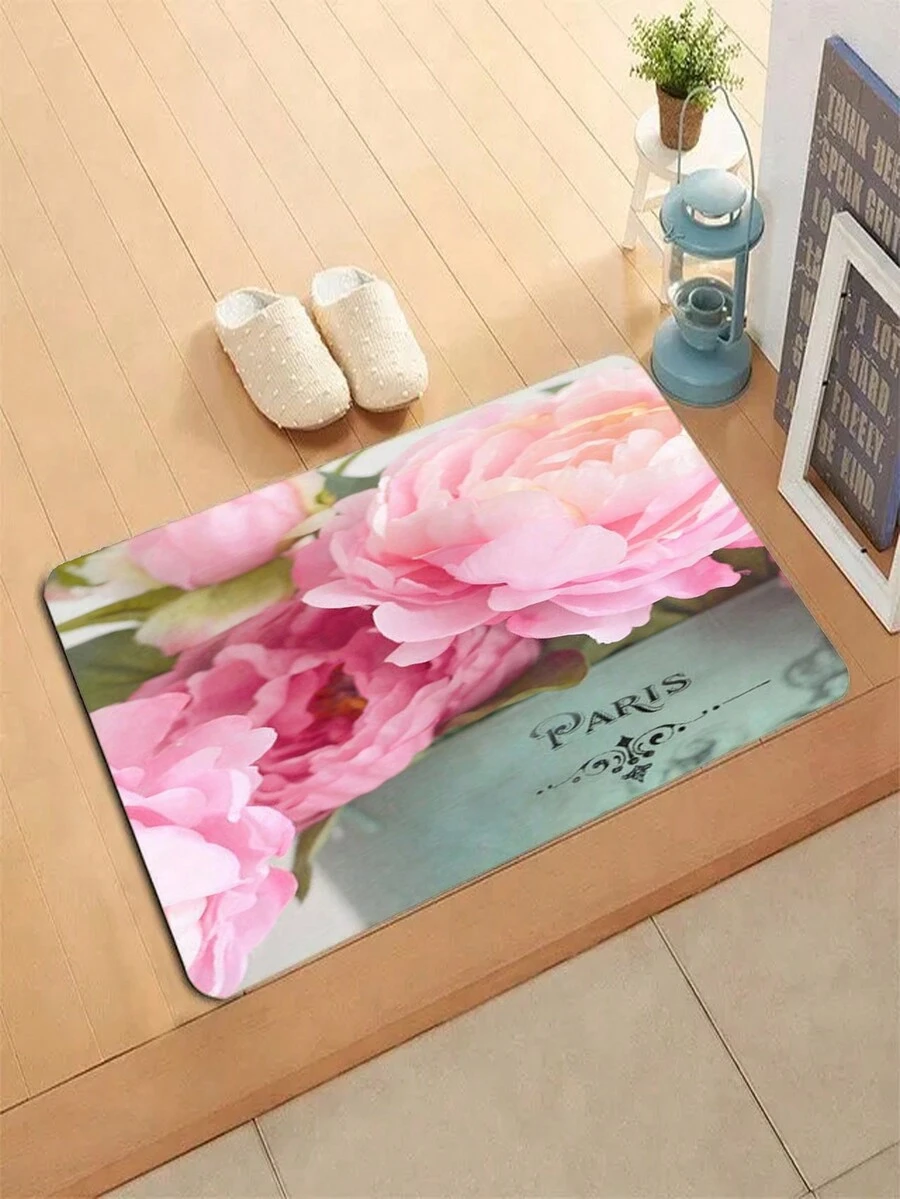 1pc Floral Printed 3d Design Simple & Fashionable Felt Carpet - Beige - View 1