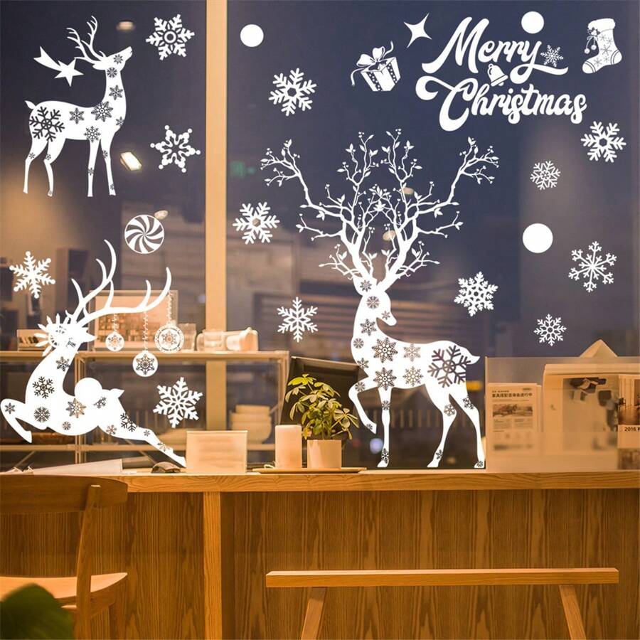 2pcs Thick Cartoon 3 Cute White Element Static Stickers,Stickers,Wall Decal, Vinyl Decal For Home Decorations,Spring Decoration Items Refresh Your Home,Rama Decoration Stickers - White Elks - View 1