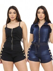 Women Denim Overalls & Jumpsuits - 深色水洗藍 - 查看 1