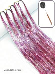 粉色頭髮閃片套件附工具和珠子,1000蓬鬆髮絲,長48英寸閃粉頭髮延伸 - 粉色 - 查看 2