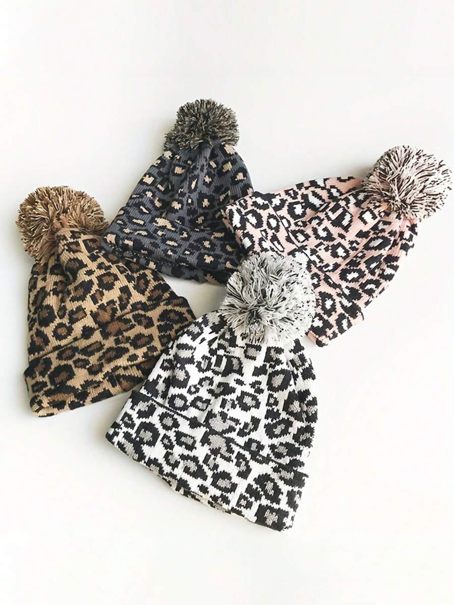 1pc Unisex Leopard Print Knit Beanie With Furball, Y2K Style, Warm & Breathable, Versatile For Autumn/Winter Outdoor Daily Use - Coffee - View 1