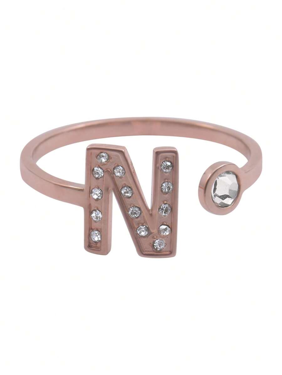 LuckyLy Adjustable Letter Initial Women's Rings, Stainless Steel With 18k Rose Gold Plated And Cubic Zirconia, Layla Model