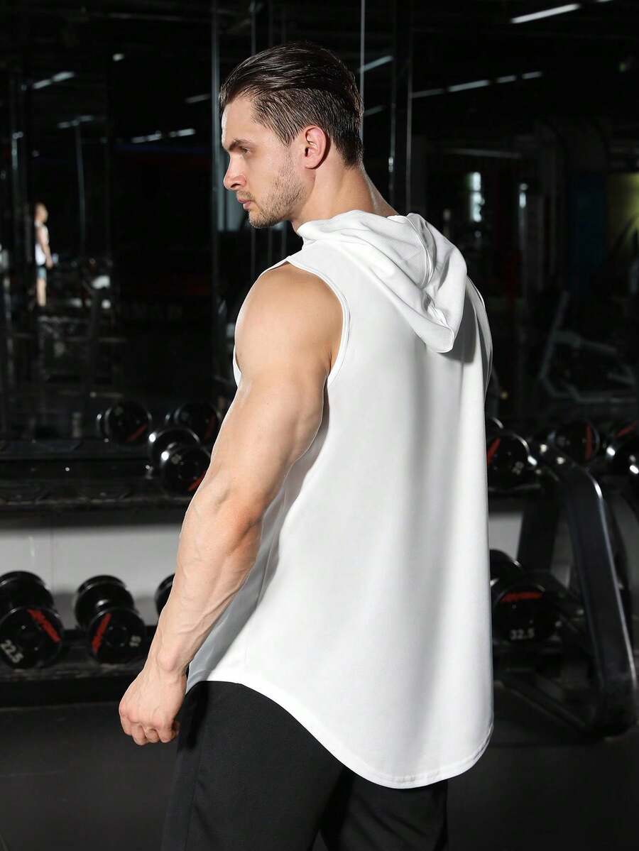 男士运动上衣 无袖连帽T恤 速干透气 轻便 适合跑步、马拉松、健身房和日常活动 - 白色 - 查看 1