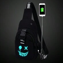 Conjunto de 2 piezas de mochila escolar que brilla en la oscuridad para hombres, puede contener computadoras de 16 pulgadas con un pecho paquete, para regreso a clases, de estilo minimalista de Oxford, con estampado de expresiones de dibujos animados, para estudiantes, hombres, niños, multiusos, regalos de Halloween, otoño, Navidad, grito, mochila multifuncional - Negro - Ver 6