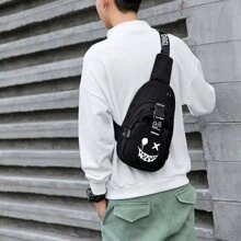 Conjunto de 2 piezas de mochila escolar que brilla en la oscuridad para hombres, puede contener computadoras de 16 pulgadas con un pecho paquete, para regreso a clases, de estilo minimalista de Oxford, con estampado de expresiones de dibujos animados, para estudiantes, hombres, niños, multiusos, regalos de Halloween, otoño, Navidad, grito, mochila multifuncional - Negro - Ver 7