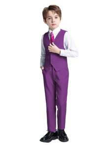 4-14 Years Old Boys Formal Vest, Adjustable Back Strap, Pockets, Suitable For Weddings, Piano Recitals - Purple - View 3