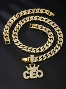 1套男女個性化13mm嘻哈風格王冠形項鍊項鍊和手鍊組合,鑲有鑽石的ceo字母設計,厚實大膽的金色鍊條街頭鑽石裝飾,適用於萬聖節,聖誕節,感恩節,禮物 - 金黃色 - 查看 3