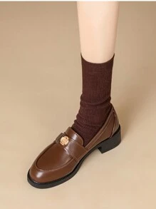 女士pu皮粗跟便鞋,具有小而精致的設計感,英國風格的圓頭復古懶人鞋,適用於春秋季節 - 棕色 - 查看 5