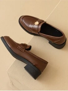 女士pu皮粗跟便鞋,具有小而精致的設計感,英國風格的圓頭復古懶人鞋,適用於春秋季節 - 棕色 - 查看 4