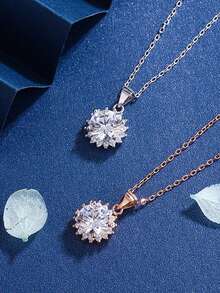 1件新款簡約甜美向日葵項鍊女款全鑲鉆石銀色雪花領鏈s925純銀花形吊墜,最佳女友生日、情人節、婚禮季節等禮品