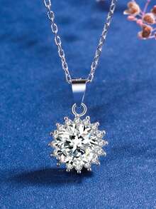 1件新款簡約甜美向日葵項鍊女款全鑲鉆石銀色雪花領鏈s925純銀花形吊墜,最佳女友生日、情人節、婚禮季節等禮品