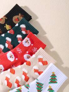 5雙綿羊毛聖誕老人圖案彩織秋冬超過膝高襪,小孩居家必備 - 彩色 - 查看 3