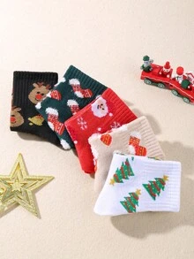 5雙綿羊毛聖誕老人圖案彩織秋冬超過膝高襪,小孩居家必備 - 彩色 - 查看 4