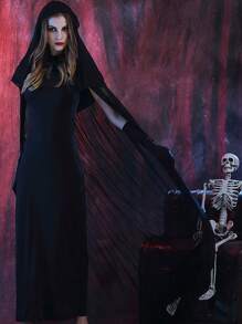 4入組萬聖節成人cosplay女巫服裝,黑色紗裙女巫套裝(包含一件連身裙、一件披風和一雙手套) - 黑色 - 查看 3