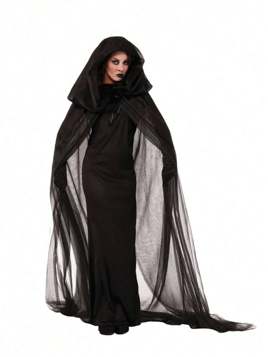 4入組萬聖節成人cosplay女巫服裝,黑色紗裙女巫套裝(包含一件連身裙、一件披風和一雙手套) - 黑色 - 查看 1