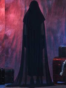 4入組萬聖節成人cosplay女巫服裝,黑色紗裙女巫套裝(包含一件連身裙、一件披風和一雙手套) - 黑色 - 查看 4