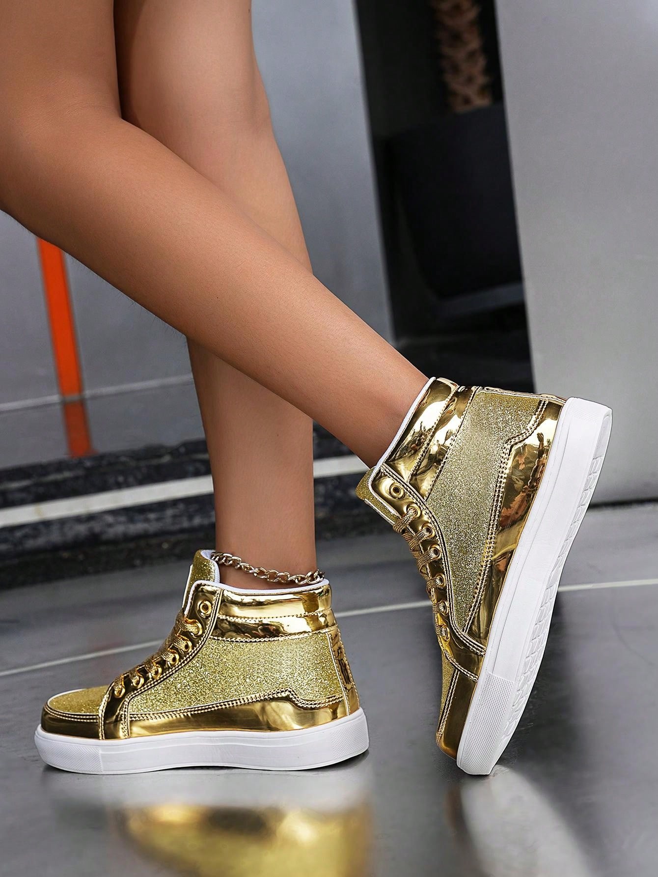 Unisex High Top Shiny Gold Dance/wedding/party Sneakers, Versatile