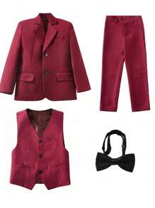 Boys Suits 4-Pieces Suit Set Toddler Tuxedos Dresswear Ring Bearer Outfit Wedding Blazer Vest Pants Tie Formal Suits For Kids Burgundy Size 4-16Y - Burgundy - View 4