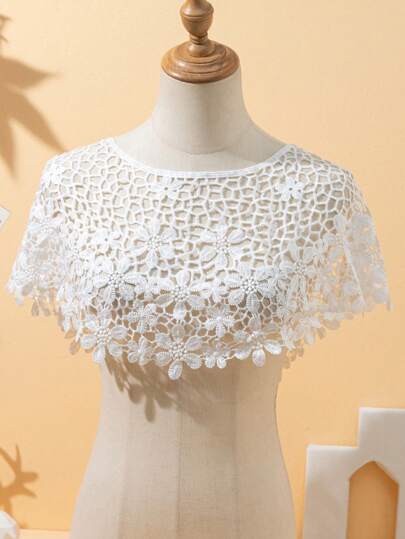 1pc Ladies' White Floral Crochet Lace Knit Shrug With Hollow Out Design, Knit Capelet Shawl, Detachable Collar For Party Or Daily Use Boho Valentine's Day Valentines