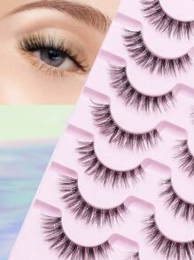 7pairs/Set Natural D Curl Eyelash Extensions With Clear Stems, Cross Style For Natural Lengthening Effect Strip Lashes,Lashes,Eyelashes,Fake Lashes - Black - View 2