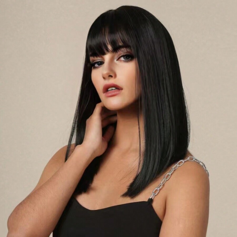 Women's Black Medium Length Wig With Cartoon Bangs Made With High