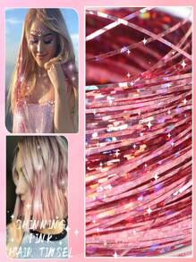 粉色頭髮閃片套件附工具和珠子,1000蓬鬆髮絲,長48英寸閃粉頭髮延伸 - 粉色 - 查看 3