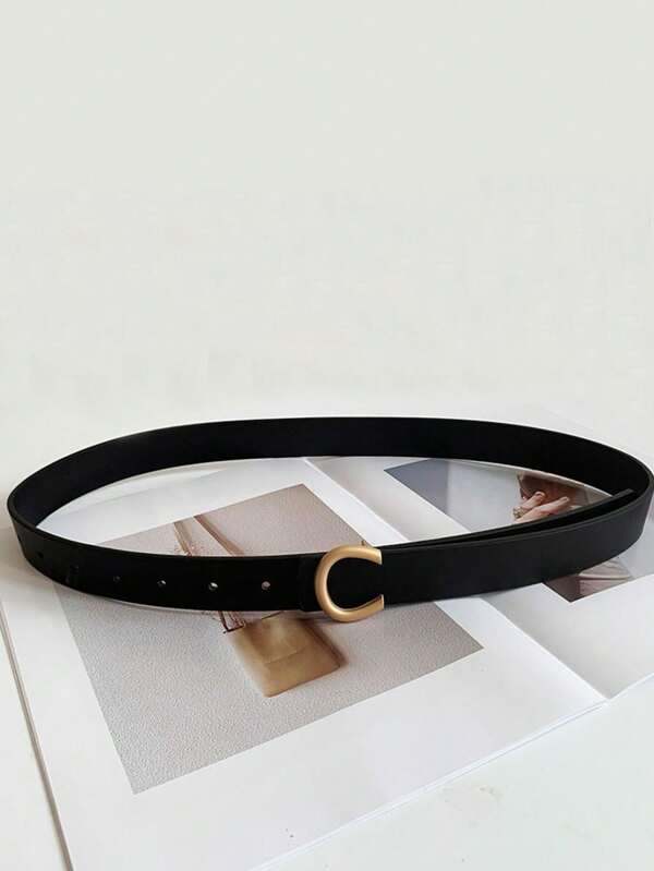 1pc Ladies' Black Belt With GoldToned CShaped Buckle, Suitable For