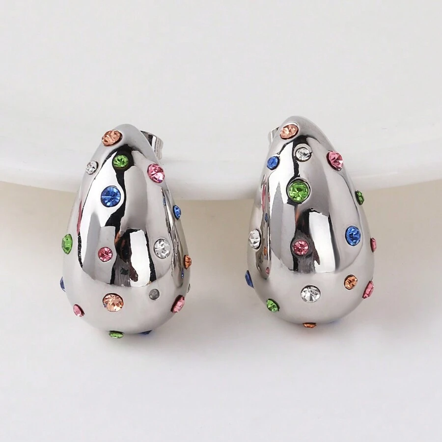 1pair European & American Fashionable Personalized Earrings Plated With 18k Gold Hollow Out 3d Teardrop Crystal Studs For Women - Silver - View 1