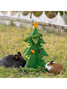1pc Christmas Tree-shaped Wooden Puzzle Toy With Rabbit And Hamster Shaped Feeder - Army Green - View 3