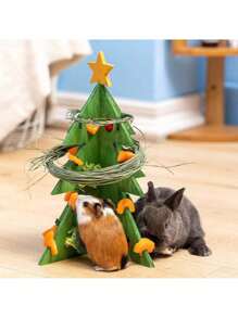1pc Christmas Tree-shaped Wooden Puzzle Toy With Rabbit And Hamster Shaped Feeder - Army Green - View 1