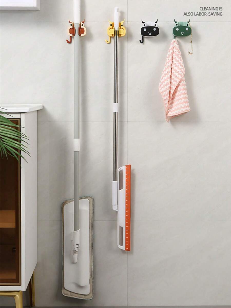 可愛的牛形拖把架,免打孔,重型,浴室吸盤掛架,壁掛式清潔工具夾 - 黑色 - 查看 1
