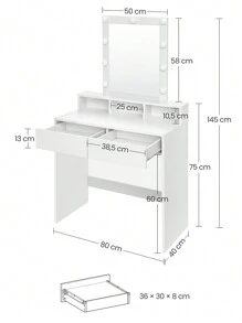 VASAGLE Tocador, Luces LED con Brillo Ajustable, Mesa de Maquillaje con Espejo, 2 Cajones y 3 Compartimentos, Moderno, Blanco