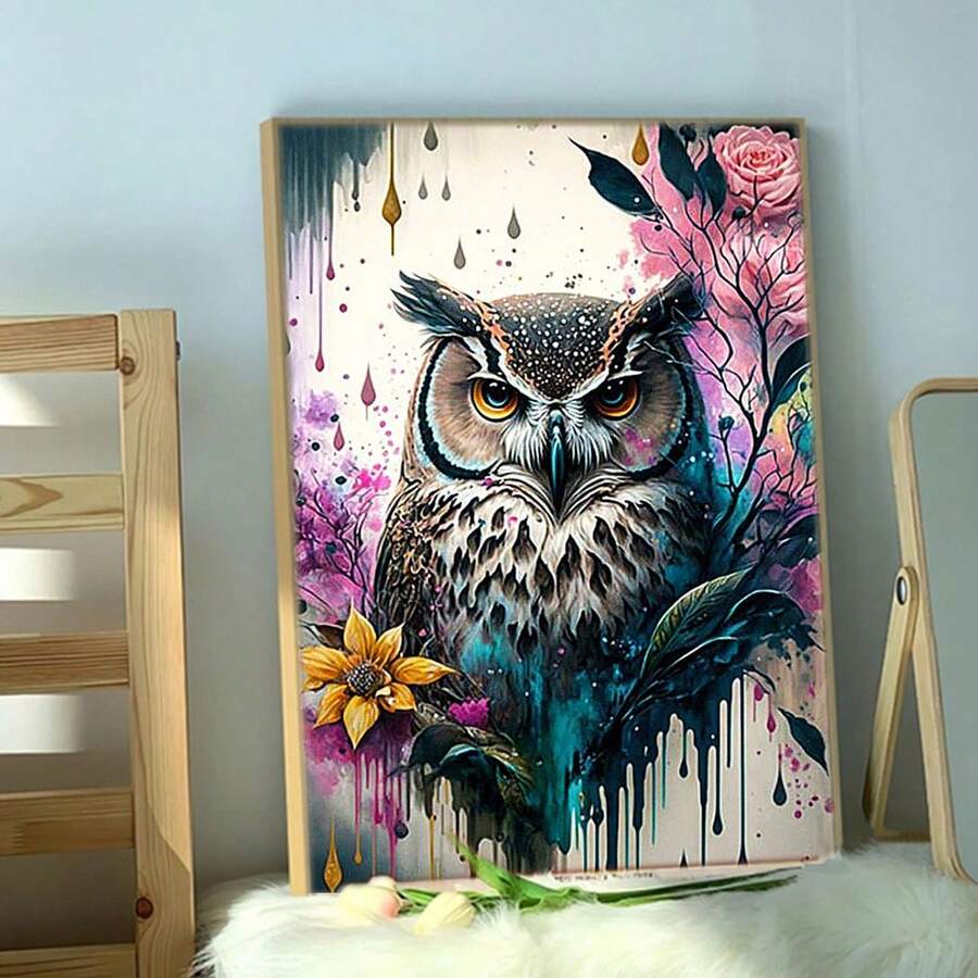 1入組全鑲圓形diy鑽石畫動物貓頭鷹鑽石馬賽克新品圖案鑲嵌物家居裝飾 - 彩色 - 查看 1