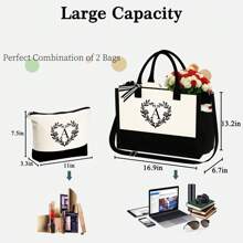 Travel Tote Bag For Women Initial Make Up Bag Canvas Beach Tote Bag With Zipper Shoulder Bag Birthday School Gifts For Women Girls Teacher Student - Túi Tote trắng kèm túi trang điểm - Xem 2