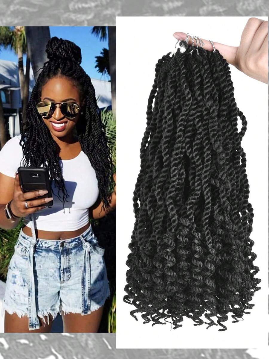 5包合成塞內加爾褶曲頭髮,3x Kinky Twist捲曲辮12英寸針織髮結擴展,適合女人使用 - 黑色 - 查看 1