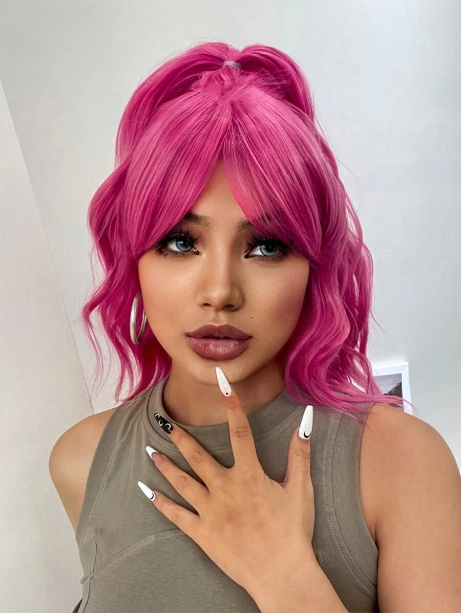 1入組合成纖維抗熱假髮,玫瑰紅色帶瀏海,長14英寸,機器全鍛造,中長捲曲髮型自然逼真 - 玫紅色 - 查看 1