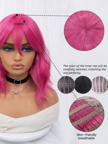 1入組合成纖維抗熱假髮,玫瑰紅色帶瀏海,長14英寸,機器全鍛造,中長捲曲髮型自然逼真 - 玫紅色 - 查看 9