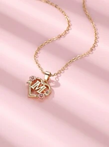 Tsnamer 1 件精美金色首字母项链心形雕刻 26 个字母 A-Z 和花朵项链适合女士日常装饰情人节、妈妈、母亲、母亲节、礼物