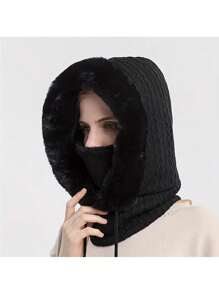 1pc Fashionable Winter Hat Outdoor Riding Headgear Neck Warmer Face Mask Polyester Cap For Skiing And Other Outdoor Activities - Black - View 1