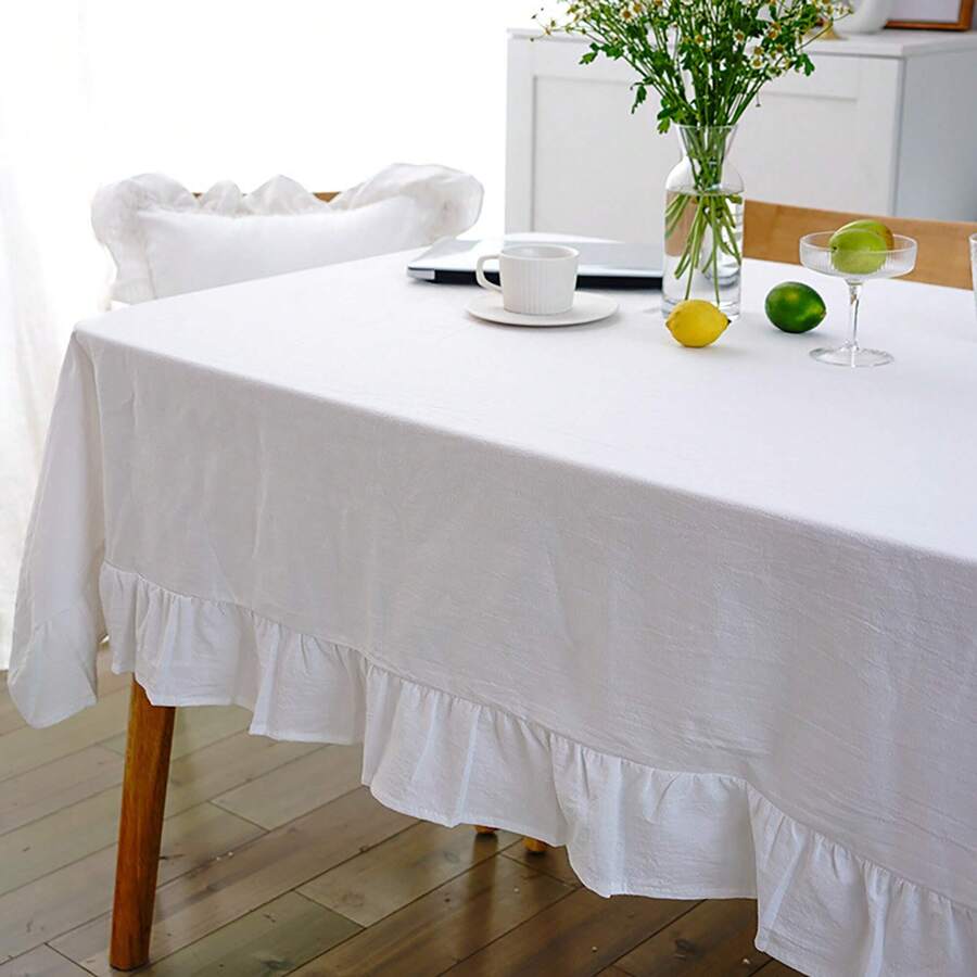 Mantel Blanco Cuadrado Con Diseño De Borde Plisado Y Ondulado - Blanco - Ver 1