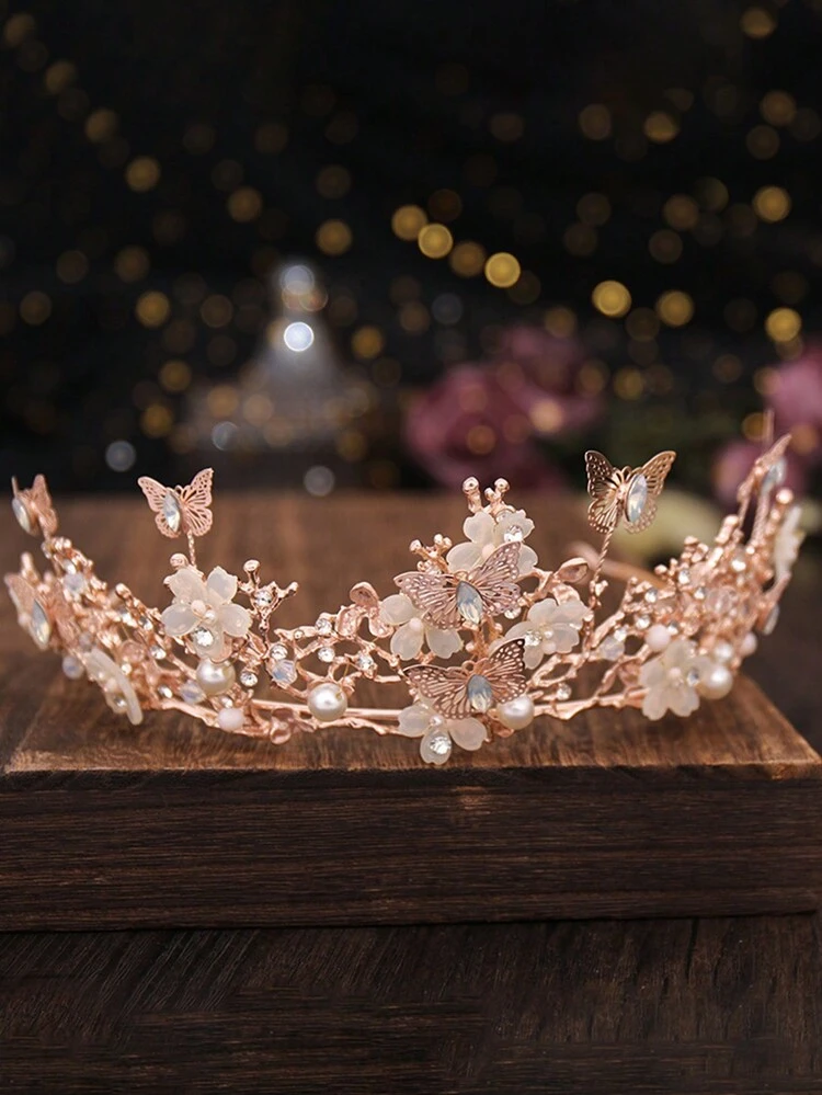 Corona E Diadema Da Sposa Kilshye – Farfalle E Foglie D'oro Con Strass – Copricapo Per Matrimonio, Ballo, Feste – 19x4 Cm