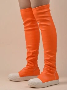 女士弹力过膝长靴，修身款，休闲褶皱设计，橙色 - 橘色 - 查看 4