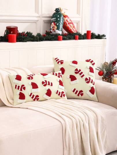 Miater 1pc Christmas Decorative Pillow Cover With Burlap Fabric, Santa Hat & Candy Embroidery Design