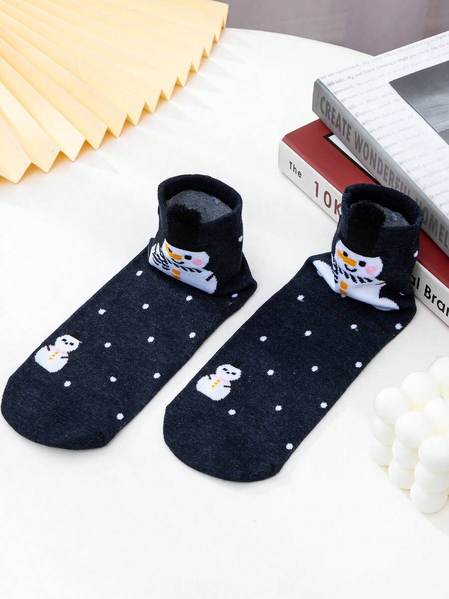 1pair Women's Mid-calf Socks Cartoon Pattern Christmas Stockings, For Spring, Autumn, Winter - Black - View 1