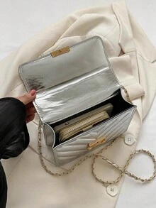 Fashionable Texture Solid Color Chain Shoulder Bag - Silver - View 5