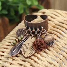 HANQI 1 Pieza Anillo Amplio De Aleación Con Estilo Bohemio Color Bronce Antiguo Ajustable Con Colgante De Borlas Para Mujeres.