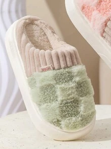 Women's Plush Home Slippers Warm Furry Slipper Square & Color Block Design, Round Toe, Winter - Green - View 3
